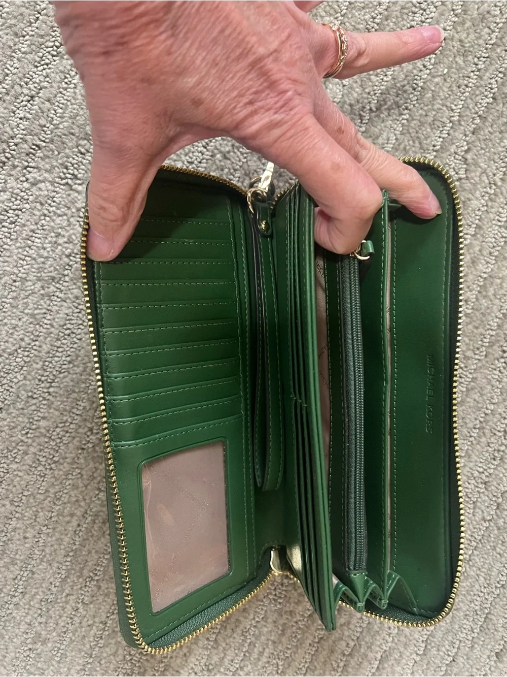 Michael Kors Green and White Striped Wristlet Wallet with Gold Logo